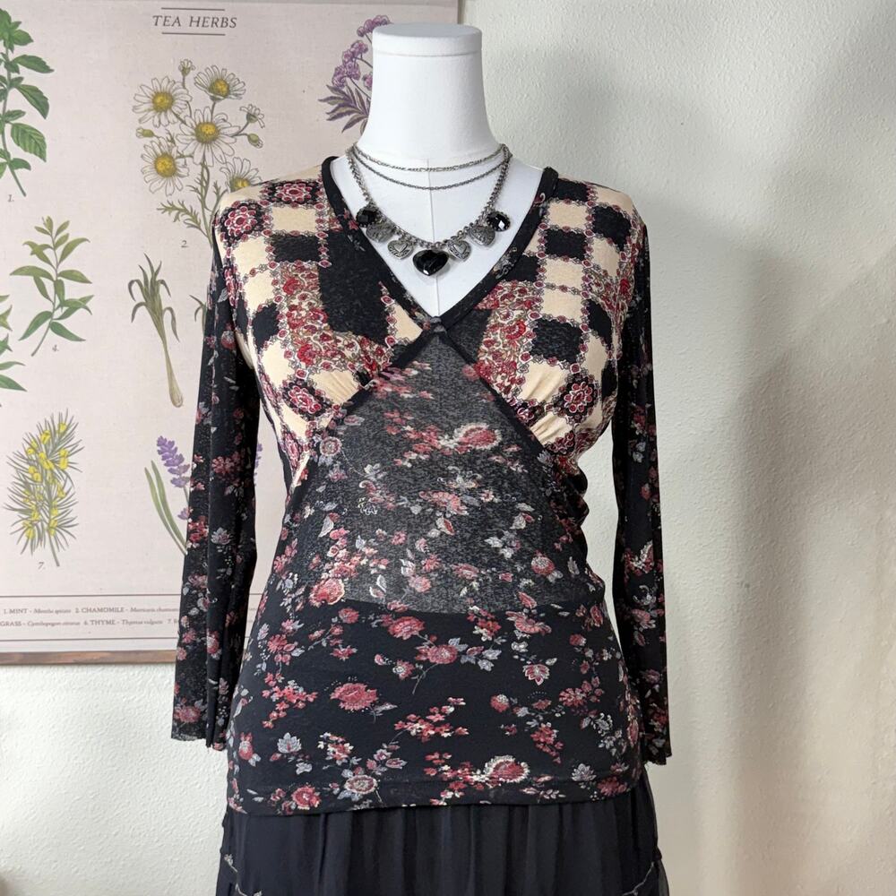 Vtg 90s Y2k Floral Semi Sheer 3/4 Sleeve Top Whimsigoth Dark Fairy Nymphette M L